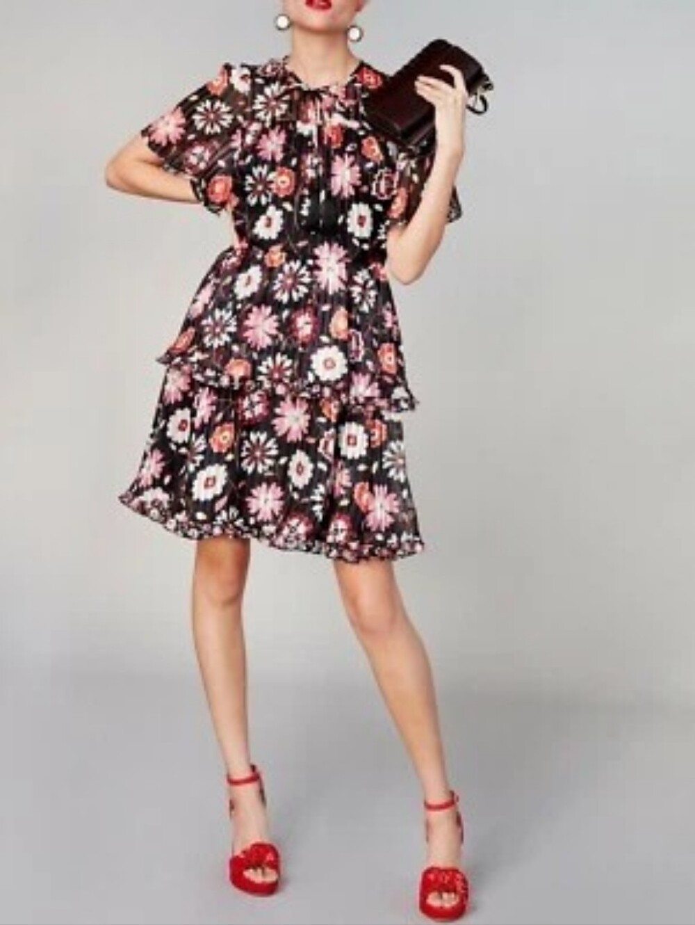 Kate Spade New York Silk Dress floral Short Sleeve Tassel Pleated
